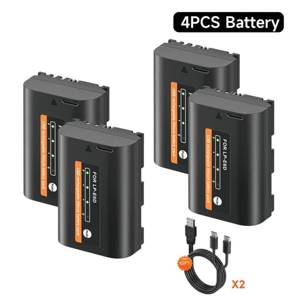 Canon Kamera Batteri, Type C Opladning, Gratis USB Kabel, 4 stk LP-E6 batteri