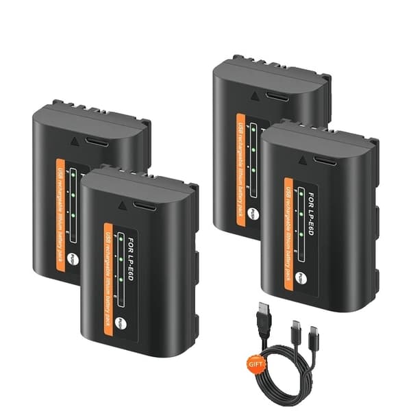 Canon Kamera Batteri, Type C Opladning, Gratis USB Kabel, 4 stk LP-E6 batteri