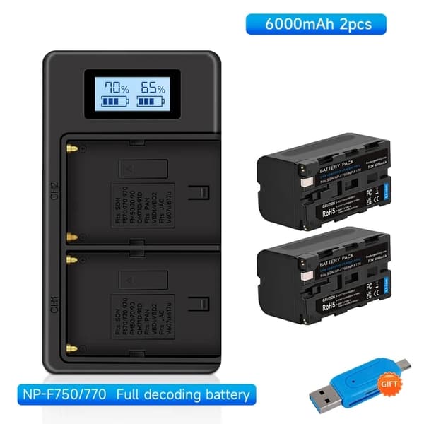 Sony NP-F750 batteri, LCD USB oplader, Kompatibel med Sony NP-F970, 2 batteri 1 oplader