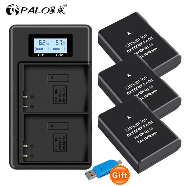 Nikon EN-EL14 Batteri, Kompatibel med D3100-D5600, LCD Oplader inkluderet, 3 batteri 1 oplader