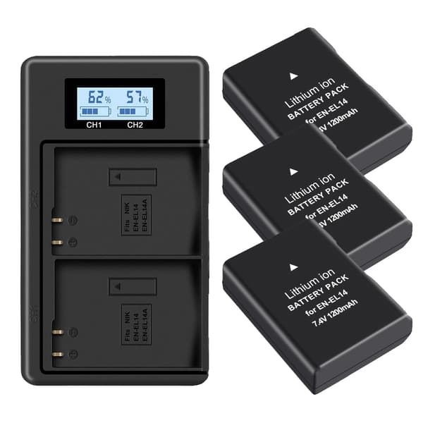 Nikon EN-EL14 Batteri, Kompatibel med D3100-D5600, LCD Oplader inkluderet, 3 batteri 1 oplader 3 battery 1 charger