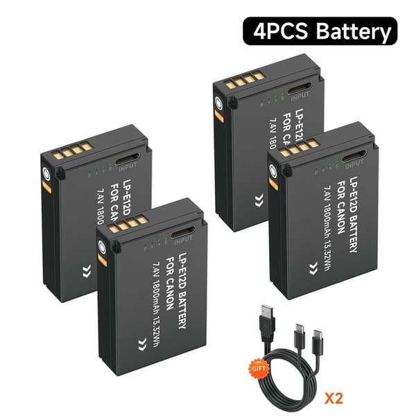 LP-E12 Ladattava akku, 1800mAh kapasiteetti, Type-C-syöttö Canon-kameroille,4 kpl LP-E12 akkua