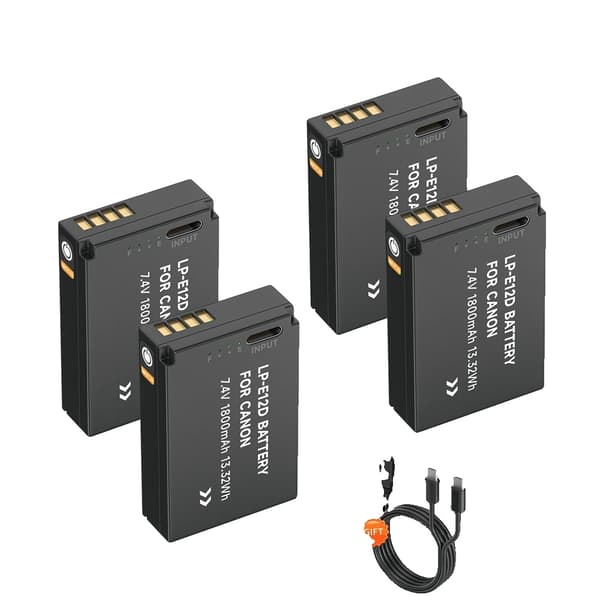 LP-E12 Ladattava akku, 1800mAh kapasiteetti, Type-C-syöttö Canon-kameroille,4 kpl LP-E12 akkua