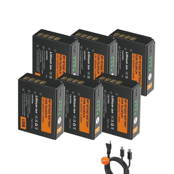 NP-W126 Batteri, 1600mAh Kapacitet, Type-C Opladningsport,6 stk. batteri 6PCS Battery