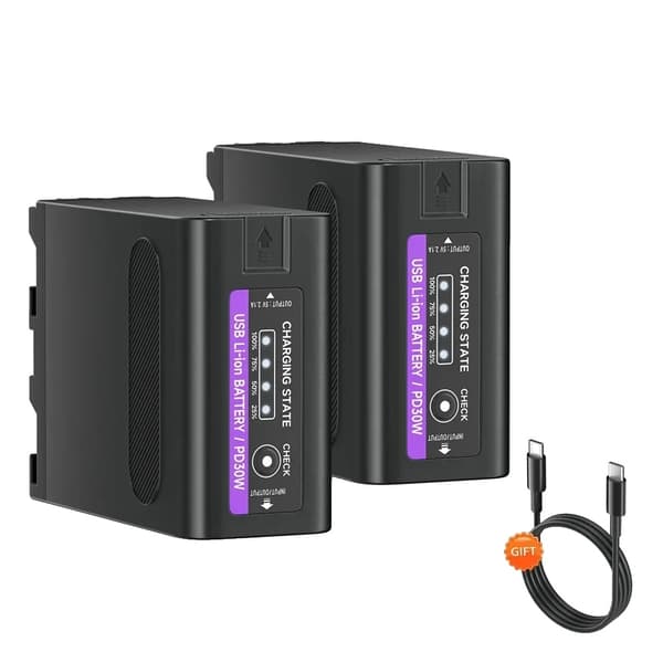 Genopladeligt kamera batteri, LED strømindikator, Type-C PD 30W hurtigopladning,1 stk F980 batteri 2PCS F990 battery