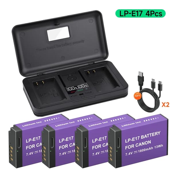 LP-E17 Batteri, 4 stk Kapacitet, Type-C Opladning,4 batterier 1 oplader