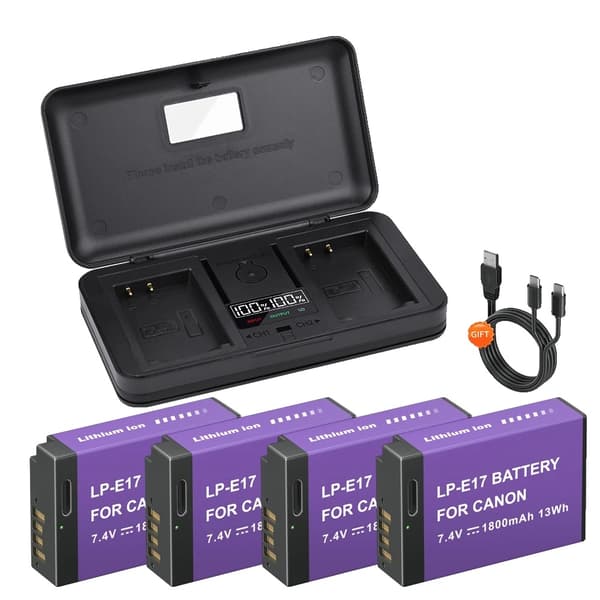 LP-E17 Batteri, 4 stk Kapacitet, Type-C Opladning,4 batterier 1 oplader 4 battery 1 charger