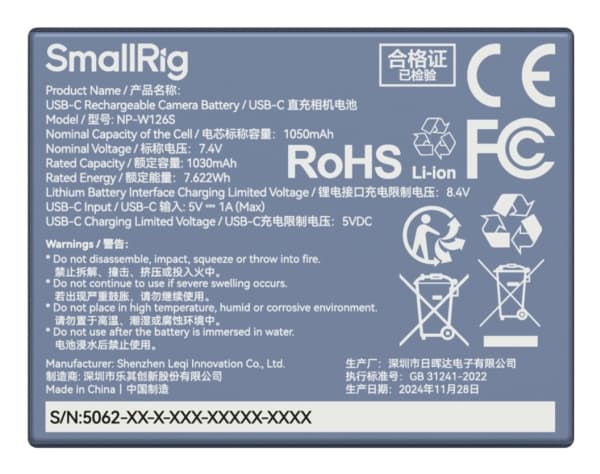 SmallRig 5062, Fujifilm, 1050 mAh, 7,4 V, litium-ioni (Li-Ion)