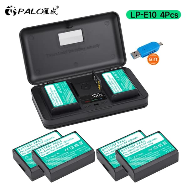 PALO LP-E10 Akun, 2300mAh Kapasiteetti, Yhteensopiva Canon EOS -mallien kanssa,4Battery ja laturi