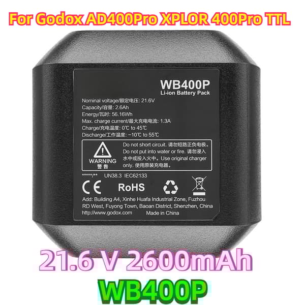 Godox AD400Pro Akku, 21.6 V jännite, 2600mAh kapasiteetti, 390 täyden tehon salamaa