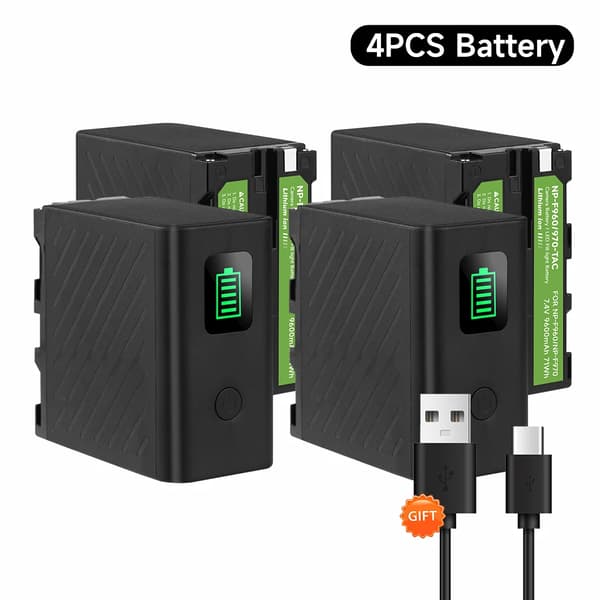 NP-F970 Akun, 9600mAh Kapasiteetti, Type-C Lataus,4 kpl Akku