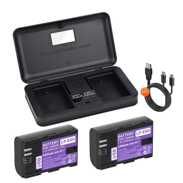 LP-E6 Batteri, 2400mAh Kapacitet, Type-C Opladning,2 Batterier 1 Oplader