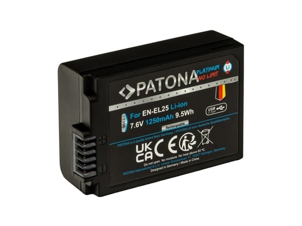 PATONA Platinum battery with USB-C input for Nikon EN-EL25 Nikon Zfc Nikon Z50 Nikon Z30, Nikon, 1250 mAh, 7.6 V, Lithium-Ion (Li-Ion)
