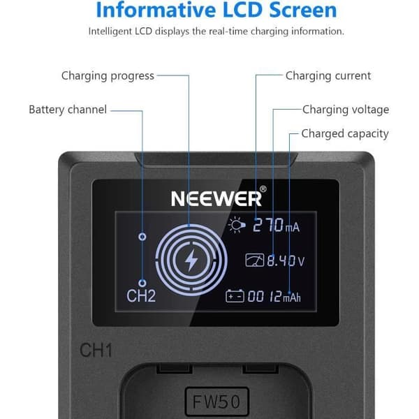 NEEWER NP-FW50 Ersatzbatteri, 2-Pack 1100mAh batteri, Dubbel USB-laddare, USB-C-kabel