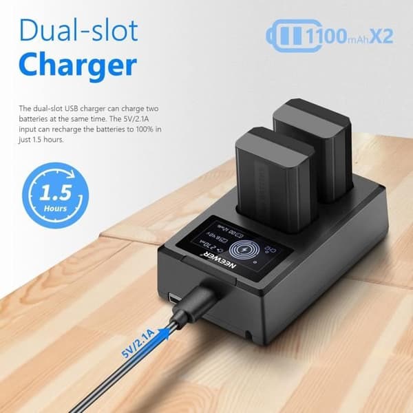 NEEWER NP-FW50 Ersatzbatteri, 2-Pack 1100mAh batteri, Dubbel USB-laddare, USB-C-kabel