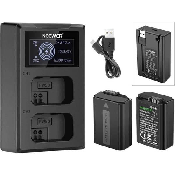 NEEWER NP-FW50 Ersatzbatteri, 2-Pack 1100mAh batteri, Dubbel USB-laddare, USB-C-kabel