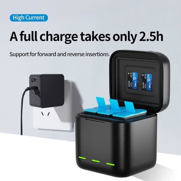 Laddare Trippel - TELESIN - GoPro Hero 12/11/10/9 - 3 Kanaler - 1750 mAh - USB Typ C
