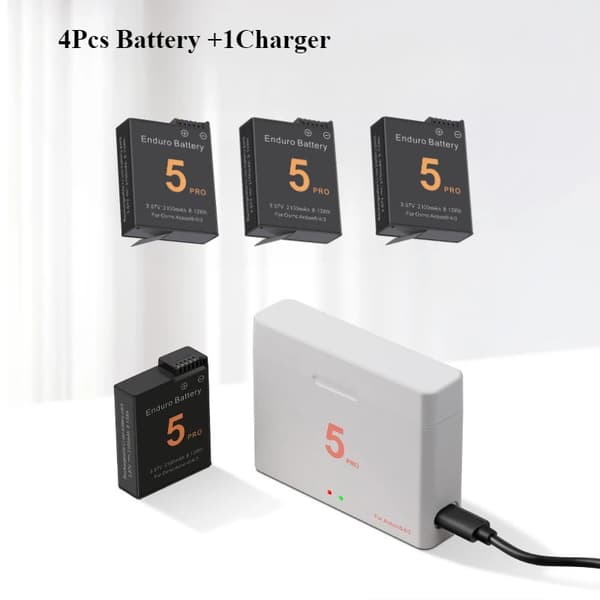Batteri- og opladerpakke til DJI Osmo Action 5 Pro, 2100mAh kapacitet, dual slot oplader,4Batteri 1Oplader