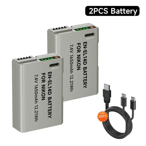 Kameran akku, 1650mAh kapasiteetti, ladattava, USB-lataus,2Battery