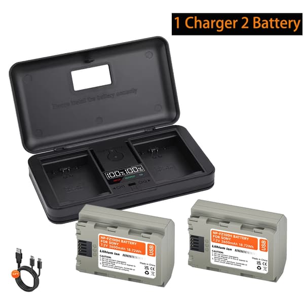 NP-FZ100 Batteri, 2600mAh Kapacitet, Type-C Hurtigopladning,1 Oplader 2 Batteri