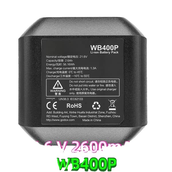 Godox AD400Pro Batteripakke, 21,6 V Spænding, 2600mAh Kapacitet, 390 Fulde Effekt Blitze