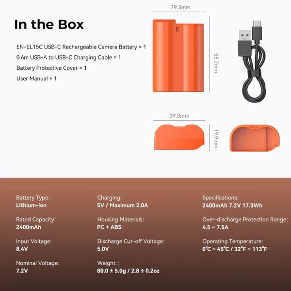 USB-C Genopladeligt Kamera Batteri, 2400mAh Kapacitet, Hurtig Opladning ved 5V / 2A,(Orange) 4966