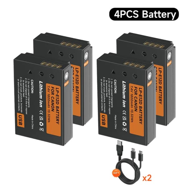 LP-E12 Akun, 1800mAh Kapasiteetti, Type-C Syöttö,4 kpl akkua
