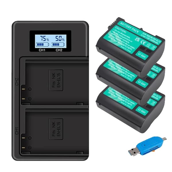 Nikon EN-EL15 batteri, kompatibelt med D7000, D750, D810, 3 batteri och laddare