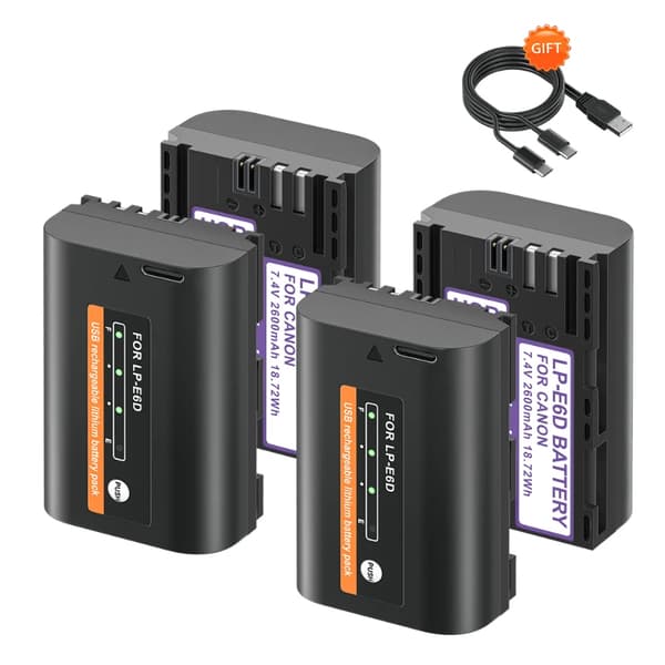 LP-E6 akku Canon kameroille, USB-lataus, 2600mAh kapasiteetti,4 kpl paristoja