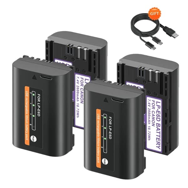LP-E6 akku Canon kameroille, USB-lataus, 2600mAh kapasiteetti,4 kpl paristoja
