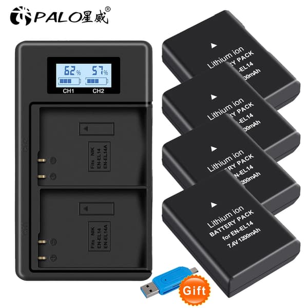 Nikon EN-EL14 Batteri, Kompatibel med D3100-D5600, LCD Oplader inkluderet, 4 batteri 1 oplader