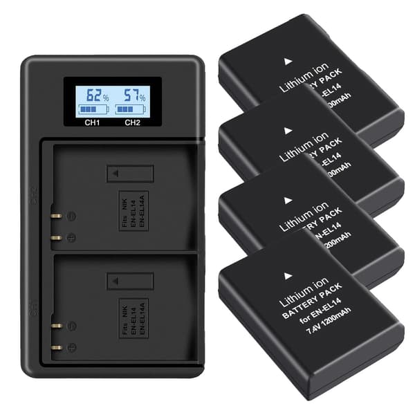 Nikon EN-EL14 Batteri, Kompatibel med D3100-D5600, LCD Oplader inkluderet, 4 batteri 1 oplader