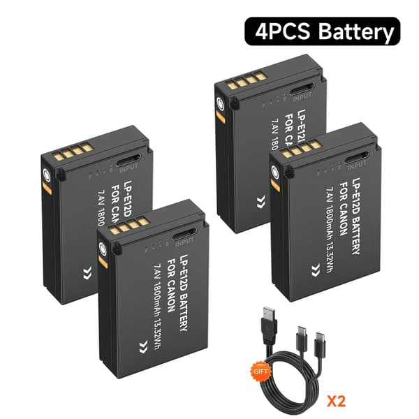LP-E12 Ladattava akku, 1800mAh kapasiteetti, Type-C-syöttö Canon-kameroille,4 kpl LP-E12 akkua