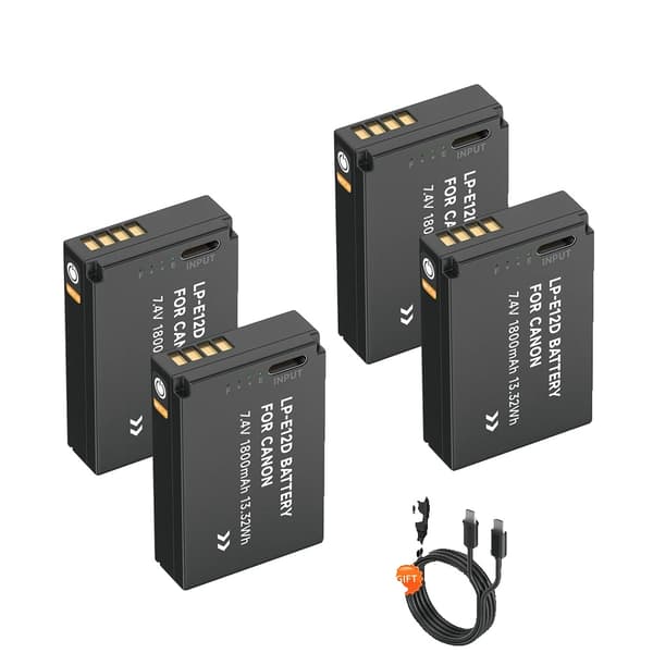 LP-E12 Ladattava akku, 1800mAh kapasiteetti, Type-C-syöttö Canon-kameroille,4 kpl LP-E12 akkua