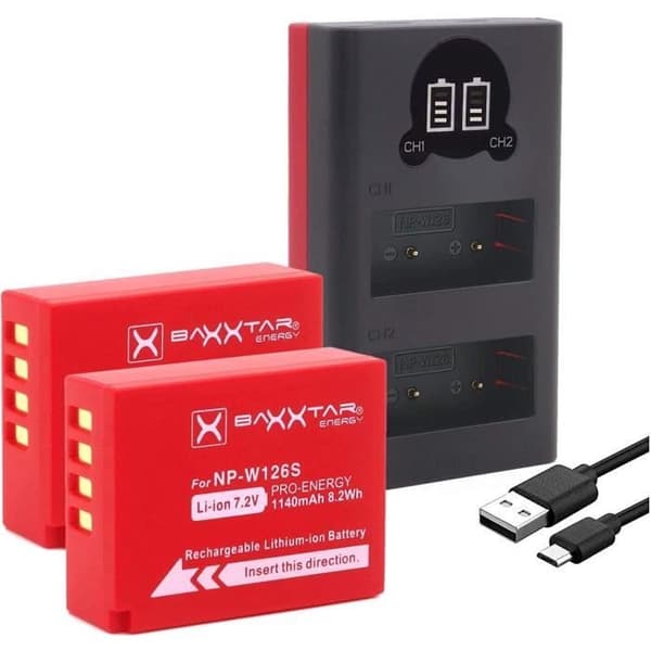 Batteri - BAXXTAR - NP-W126s NP-W126 - 2x 1140mAh - Mini LCD Laddare - Li-Ion