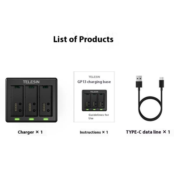 TELESIN S0-BCG-1 Til GoPro Hero 13 Batterioplader Dock Base 3 Opladningsboks