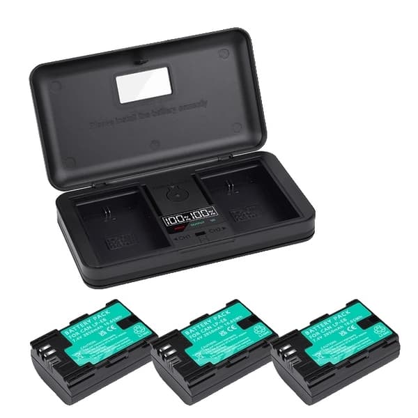 LP E6 -akku, 2850 mAh kapasiteetti, kaksinkertainen laturi, 3 kpl paristoja 3battery and charger