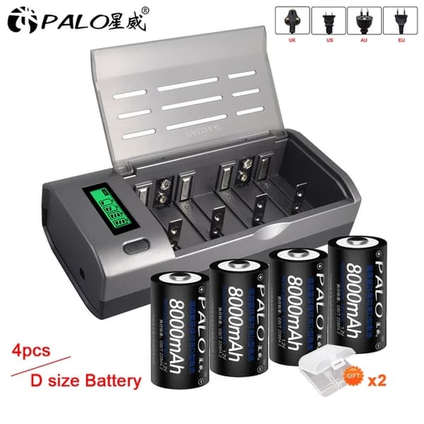 Genopladelige D Batterier, 8000mAh Kapacitet, LCD Oplader, 6 stk batteri