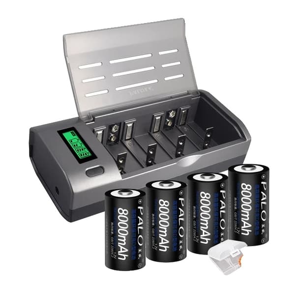 Genopladelige D Batterier, 8000mAh Kapacitet, LCD Oplader, 6 stk batteri 4battery and charger