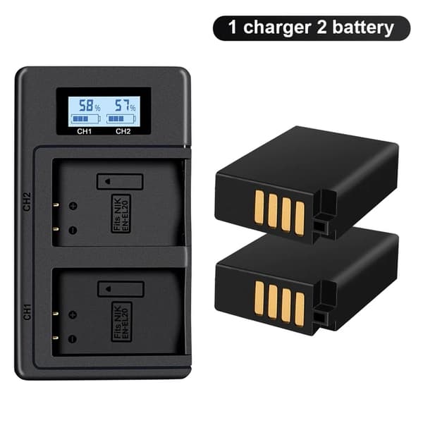 Nikon EN-EL20A batteri, LCD-dubbel laddare, kompatibel med Coolpix P1000, 2 batteri och laddare