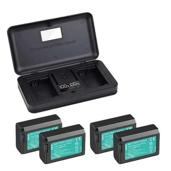 Sony NP-FW50 batteri, 2-i-1 oplader og opbevaringsboks, kompatibel med Sony Alpha A6500 A6300 A6000., 3 Batteri 1 Oplader 4 Battery 1 Charger