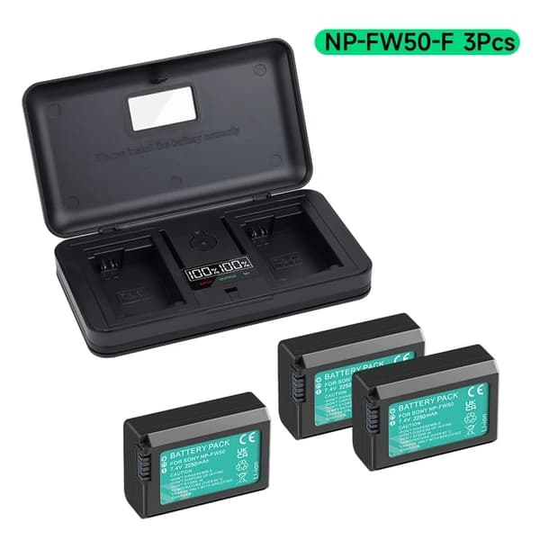 Sony NP-FW50 batteri, 2-i-1 oplader og opbevaringsboks, kompatibel med Sony Alpha A6500 A6300 A6000., 3 Batteri 1 Oplader