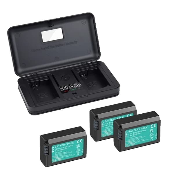 Sony NP-FW50 batteri, 2-i-1 oplader og opbevaringsboks, kompatibel med Sony Alpha A6500 A6300 A6000., 3 Batteri 1 Oplader
