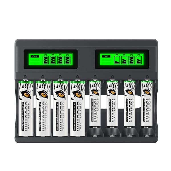 Genopladelige Lithium-ion Batterier, 3500mWh Kapacitet, Inkluderer Oplader, 8PCS AA