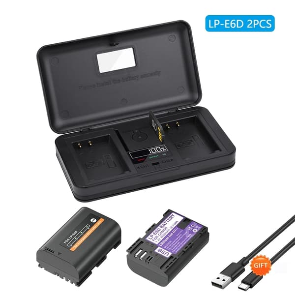 Canon LP-E6 akku, sisäänrakennettu USB-lataus, LCD-kaksoislaturi, 4 kpl paristoja