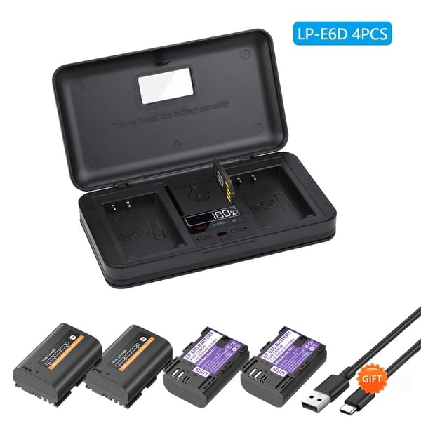 Canon LP-E6 Batteri, Indbygget USB Opladning, LCD Dobbelt Oplader, 4 stk batteri