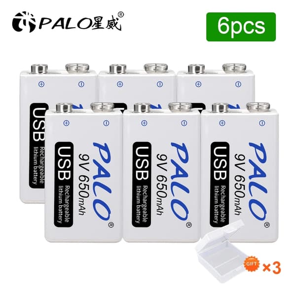 Genopladeligt 9V batteri, 650mAh kapacitet, opladning via Micro USB, 6 stk 9v