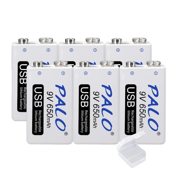 Genopladeligt 9V batteri, 650mAh kapacitet, opladning via Micro USB, 6 stk 9v 6pcs 9v