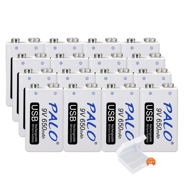 Genopladeligt 9V batteri, 650mAh kapacitet, opladning via Micro USB, 6 stk 9v