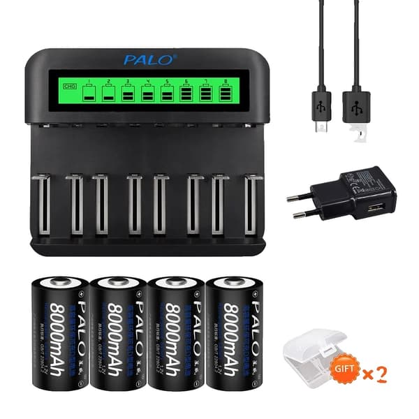 Laddningsbar D-storlek Batteriladdare, 1,2V 8000mAh, LCD-skärm, USB Type-C-ingång,4 batteri 1 laddare